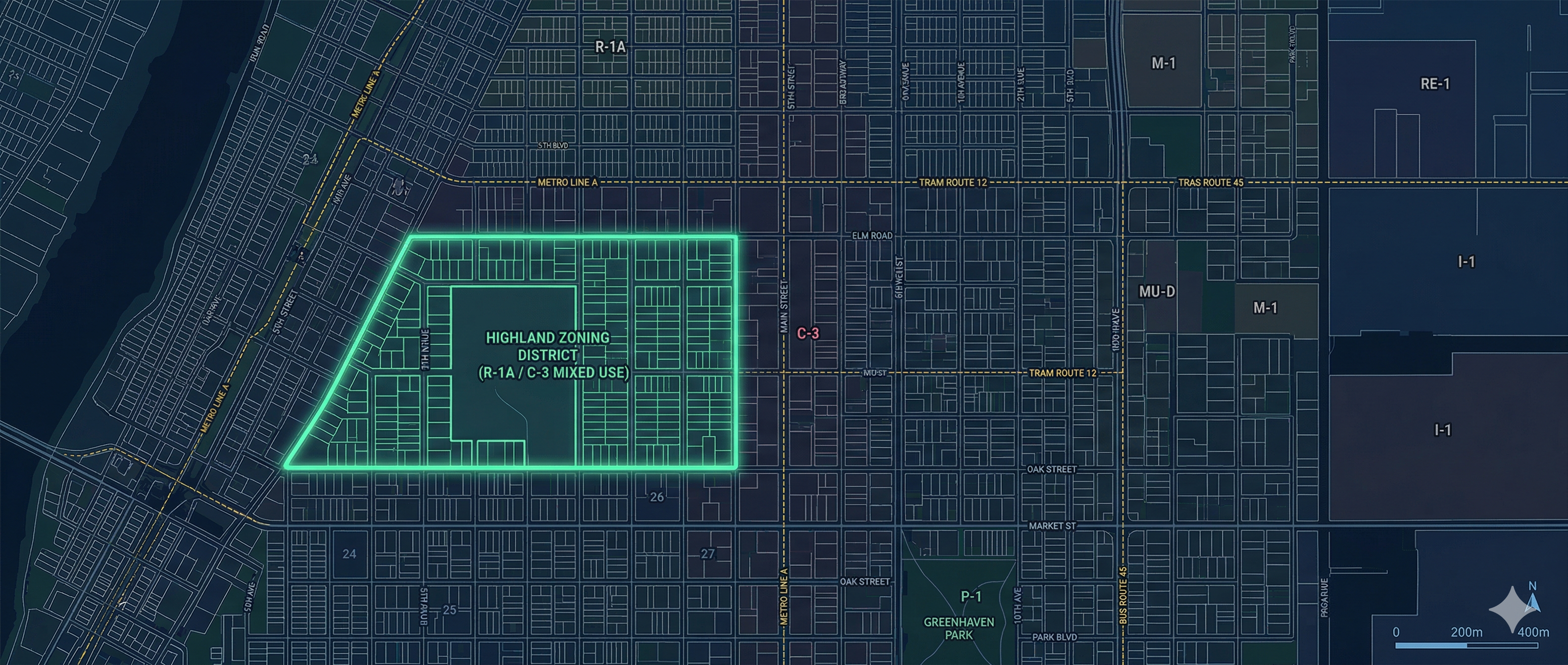 Professional GIS map interface showing parcel boundaries, zoning districts, and a highlighted Highland Zoning District in teal on a dark navy cartographic background