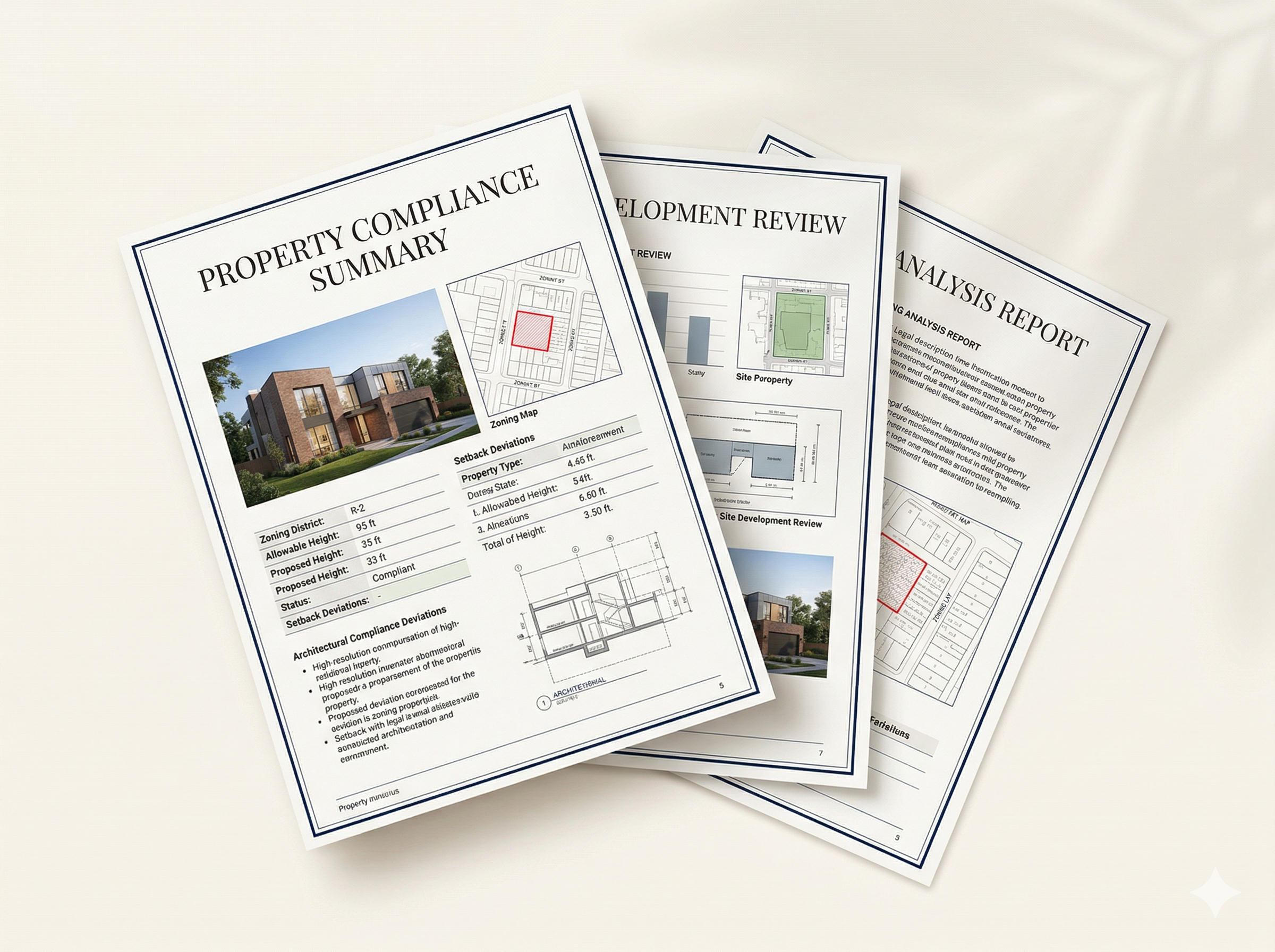 Three overlapping property compliance reports including a Property Compliance Summary, Development Review, and Analysis Report with zoning maps and architectural details