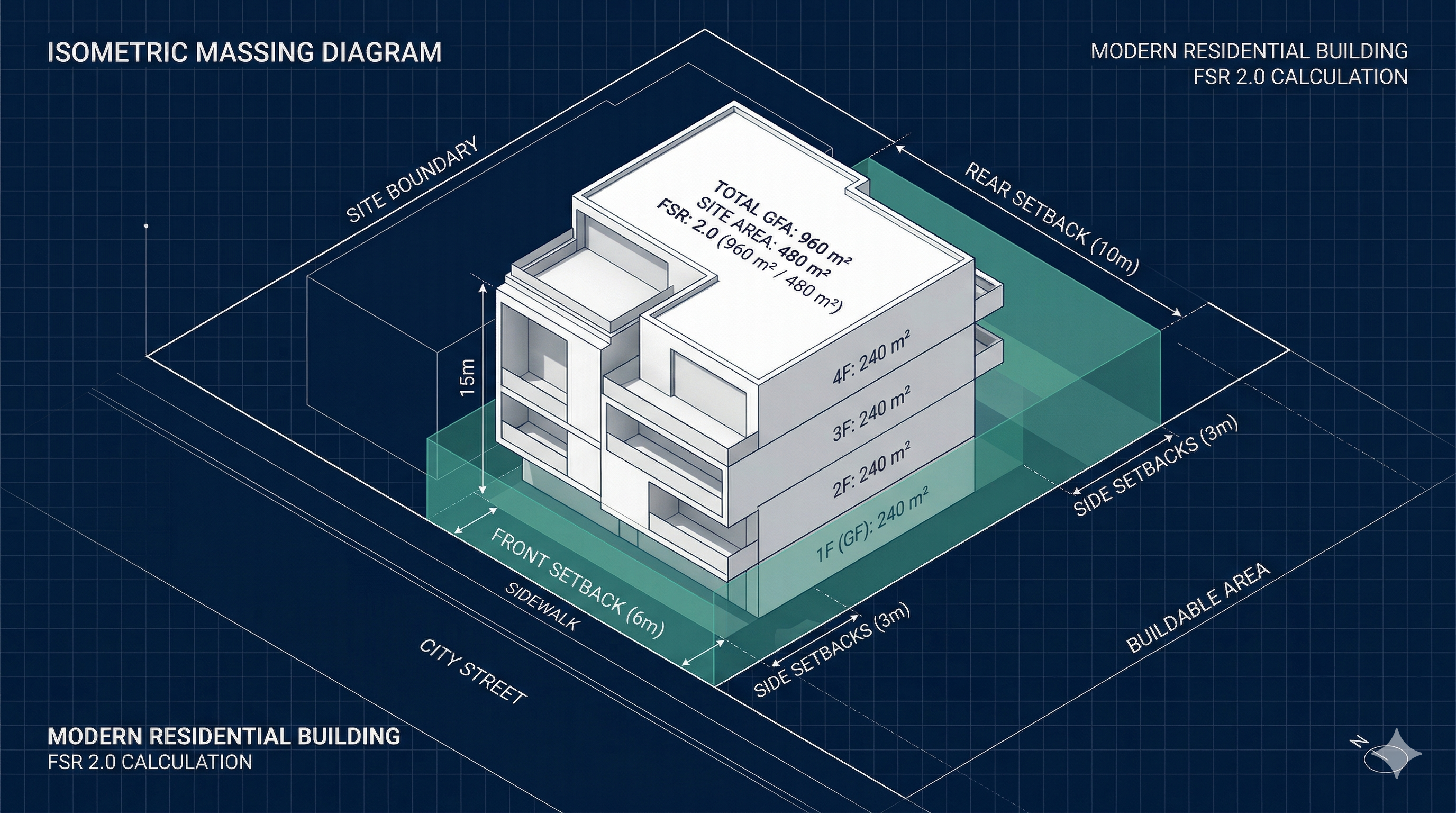 Isometric 3D massing diagram showing a modern residential building with FSR 2.0 calculation, setback lines, and buildable area overlay